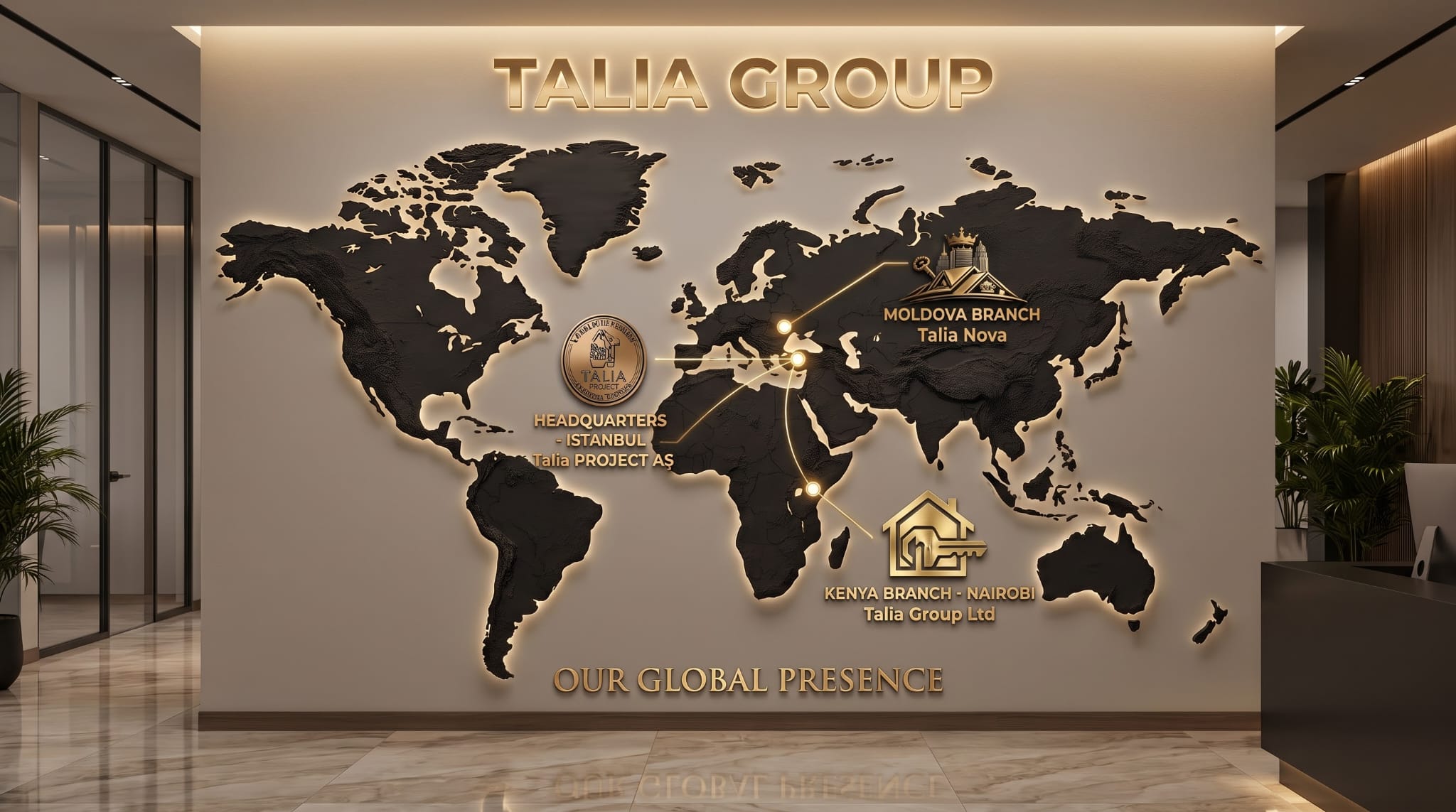 Talia Group world map identifying the Istanbul headquarters and the Moldova and Kenya branches